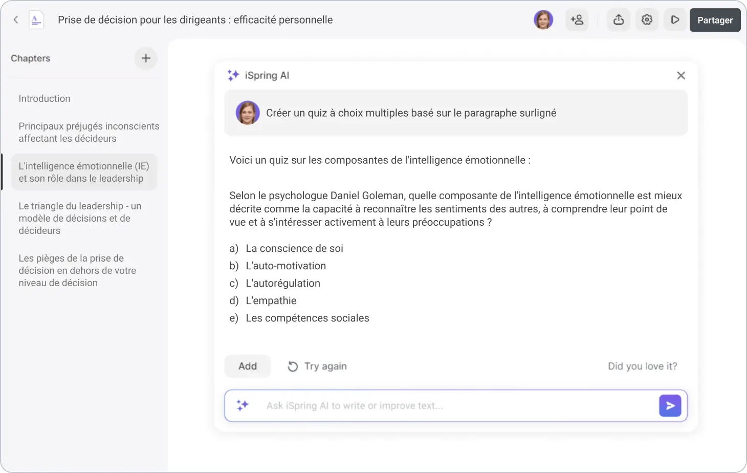 capture d'écran d'iSpring suite avec l'assistant IA intégré
