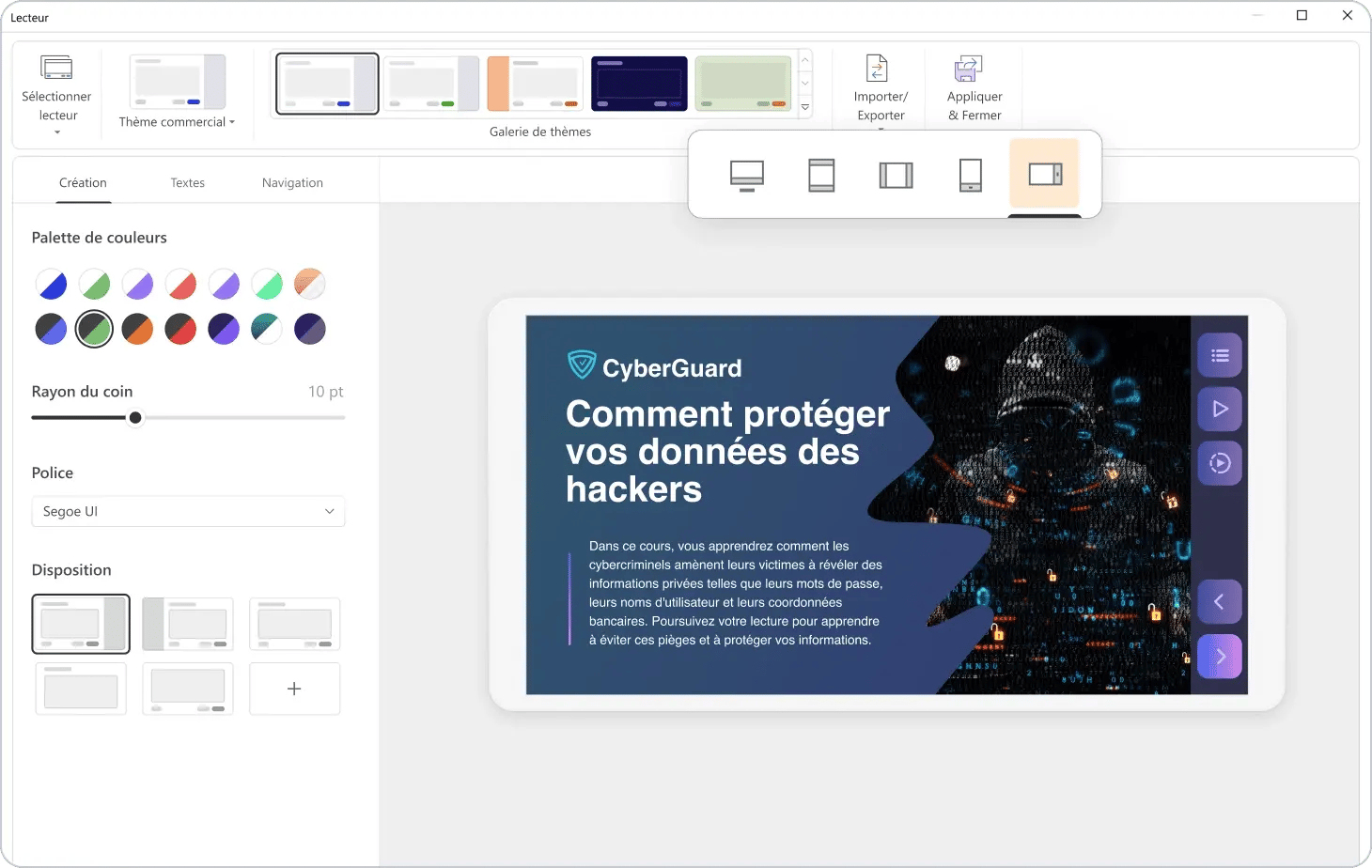 Capture d'écran de la fenêtre de réglage du lecteur personnalisable d'iSpring suite.