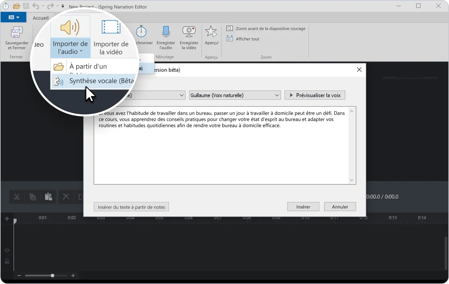 Capture d'écran de l'interface logicielle d'iSpring suite AI, montrant l'outil de génération de voix off de synthèse.